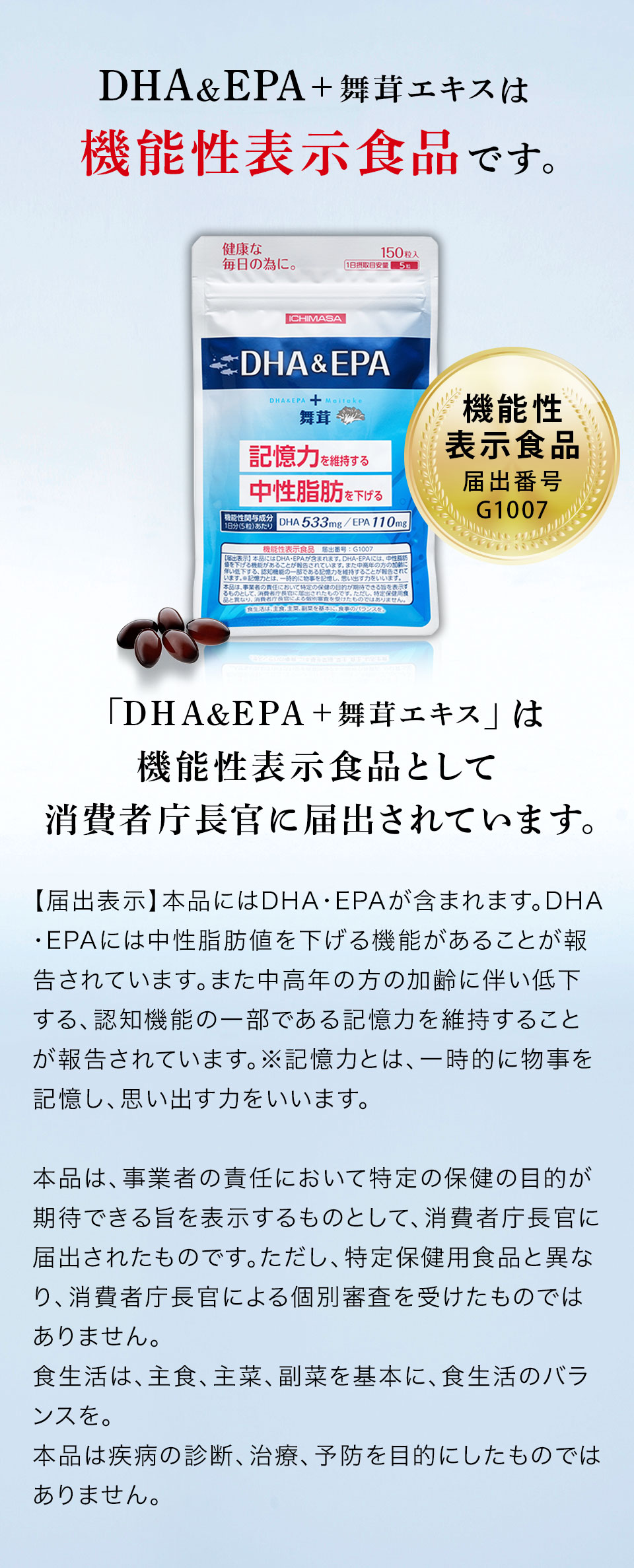 DHA&EPA+舞茸エキスは機能性表示食品です。